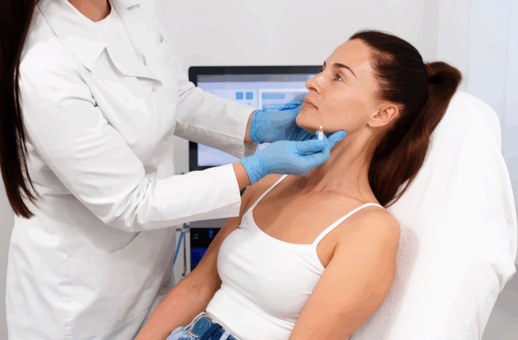 A dermatologist evaluating a patient's skin during an initial consultation.